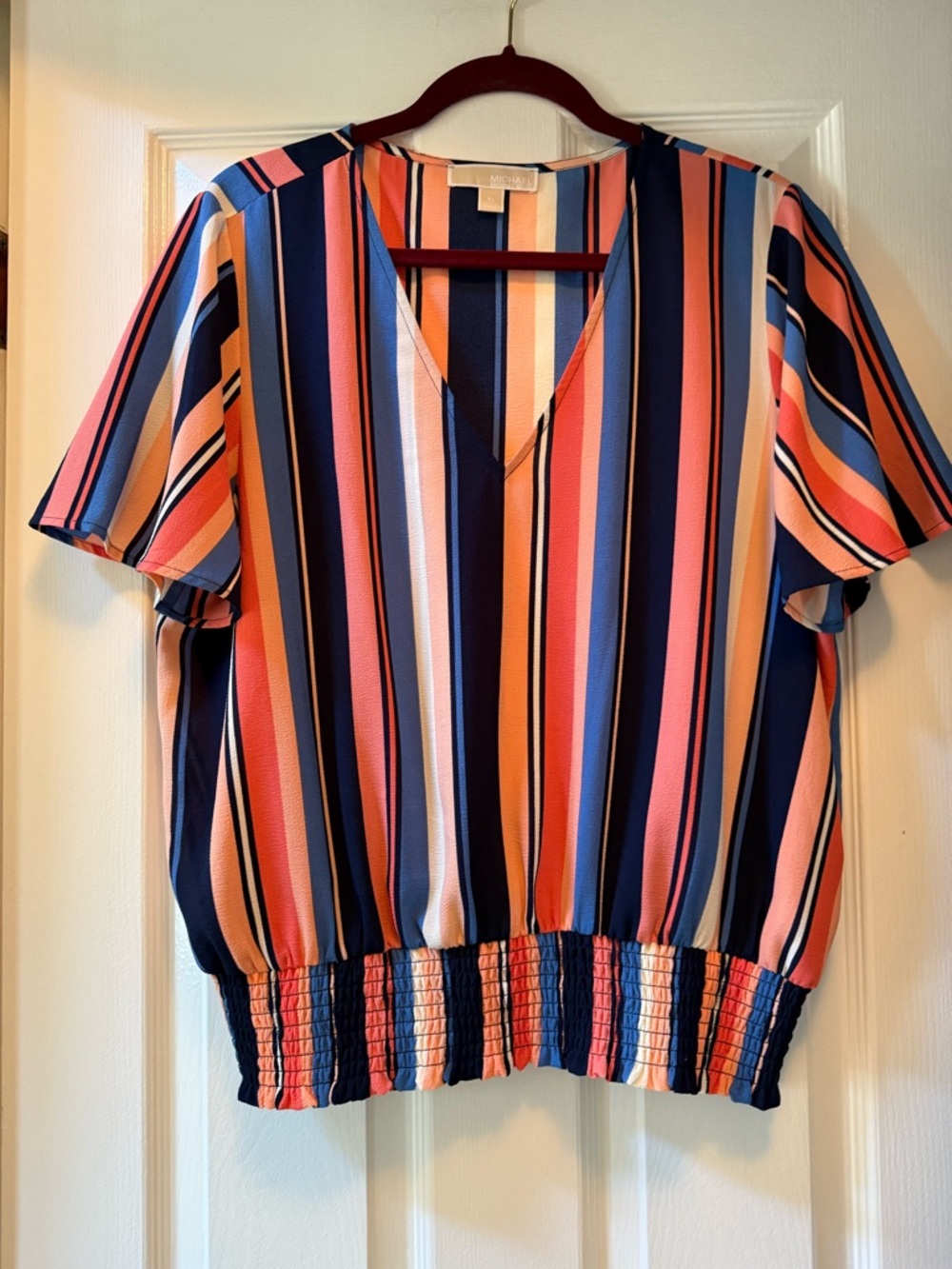 MICHAEL Michael Kors Navy Multi-Stripe V-Neck Short Sleeve Top